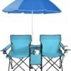Goplus - Doppelte tragbare Picknickst??hle, klappbare Campingst??hle mit abnehmbarem Regenschirm, K??hltasche, Getr?nkehalter, Terrasse, Strand, Outdoor-Campingst??hle