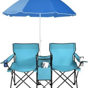 Goplus - Doppelte tragbare Picknickst??hle, klappbare Campingst??hle mit abnehmbarem Regenschirm, K??hltasche, Getr?nkehalter, Terrasse, Strand, Outdoor-Campingst??hle