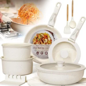 17-teiliges Keramik-Kochset mit Antihaft-Beschichtung - T?pfe & Pfannen mit abnehmbaren Griffen - Platzsparendes Nesting-Design f??r Wohnmobile & kleine K??chen - Kratzfeste Beige-Oberfl?che - Sp??lmaschinengeeignet