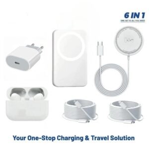 6-In-1 Integrated Charging & Audio Support Kit, Portable Device with Magnetic Power Bank, Wireless Charger, Type-C Cable, Eu Plug